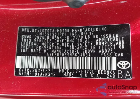 2017 Toyota Corolla Le z USA, uszkodzony, nr VIN 5YFBURHE9HP694884